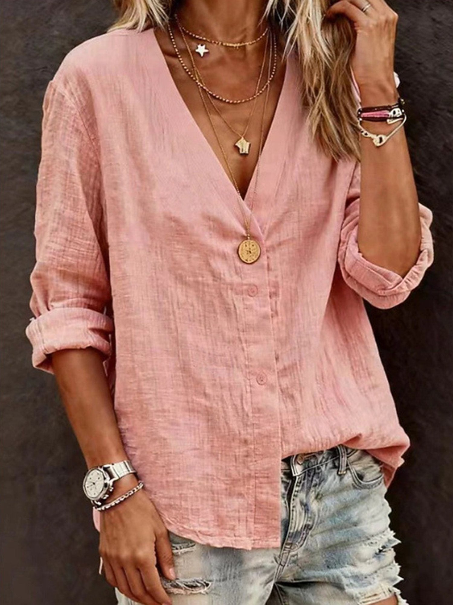 Camisa casual holgada lisa de algodón con escote en pico y manga larga