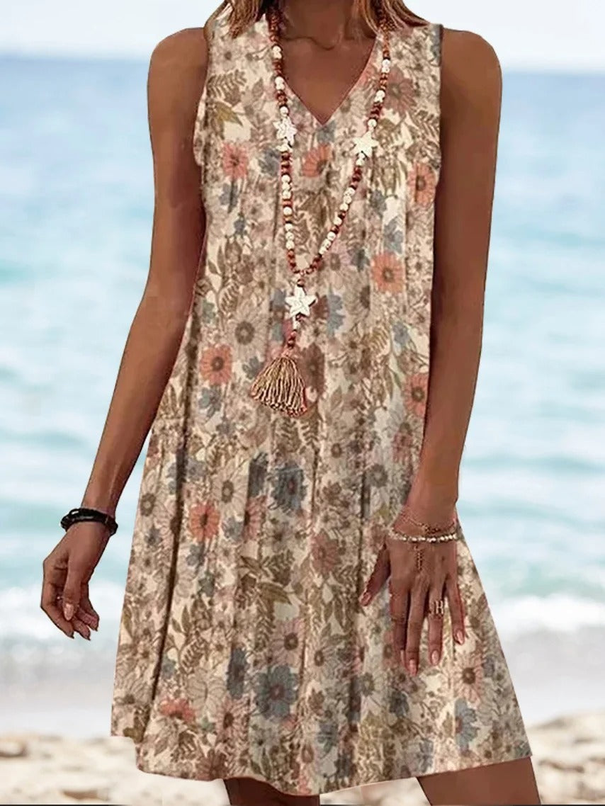 Vestido casual holgado de flores con escote en pico