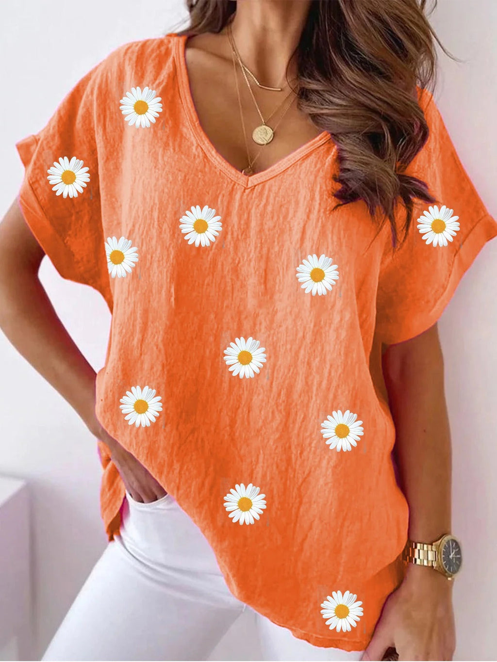 Camisa casual holgada de flores con escote en pico y manga corta — foto 2