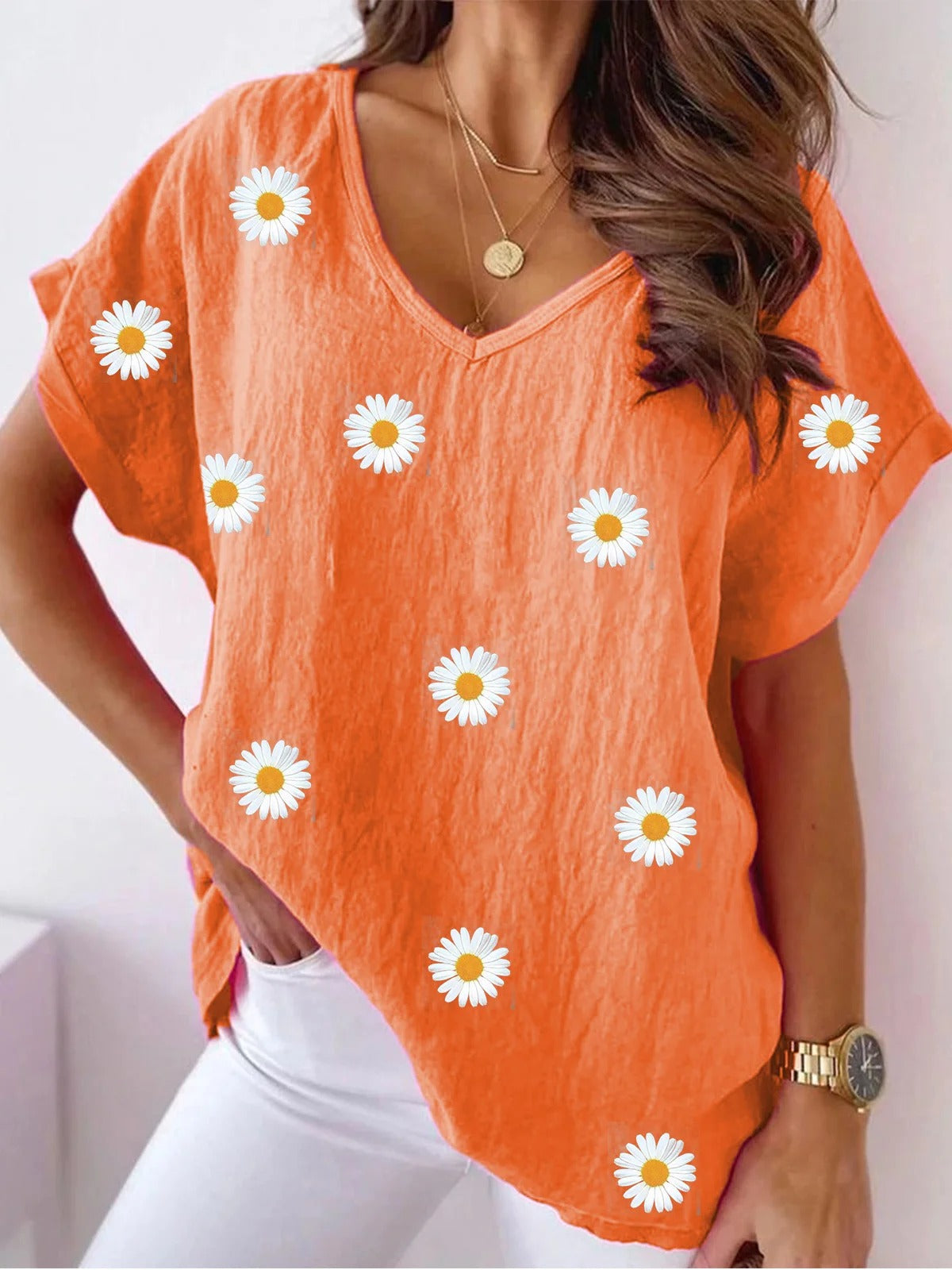 Camisa casual holgada de flores con escote en pico y manga corta — foto 2