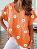 Camisa casual holgada de flores con escote en pico y manga corta
