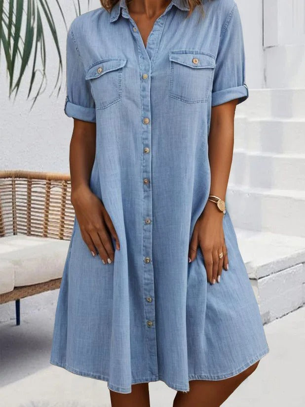 Vestido holgado de algodón con cuello camisero y hebilla — foto 2