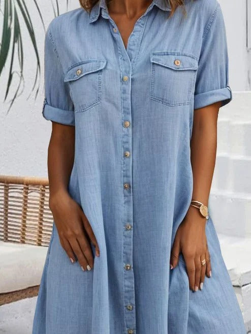 Vestido holgado de algodón con cuello camisero y hebilla — foto 3