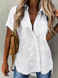 Blusa casual holgada lisa de encaje con cuello camisero