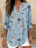 Blusa holgada de flores de lino con cuello camisero