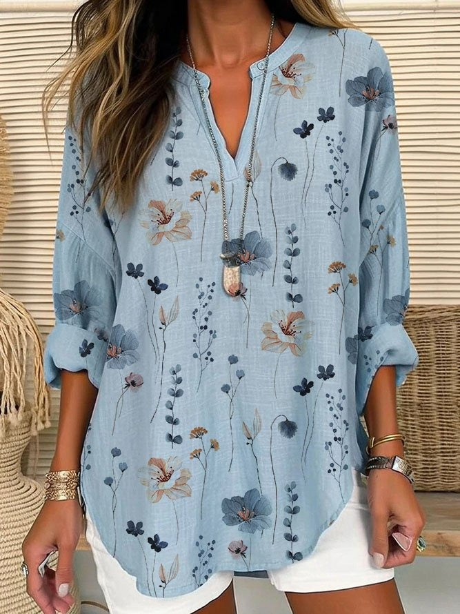 Blusa holgada de flores de lino con cuello camisero