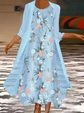 Vestido casual largo de dos piezas de flores azul con cuello redondo