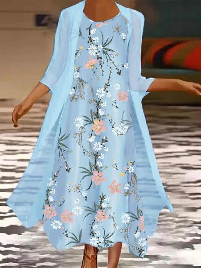 Vestido casual largo de dos piezas de flores azul con cuello redondo