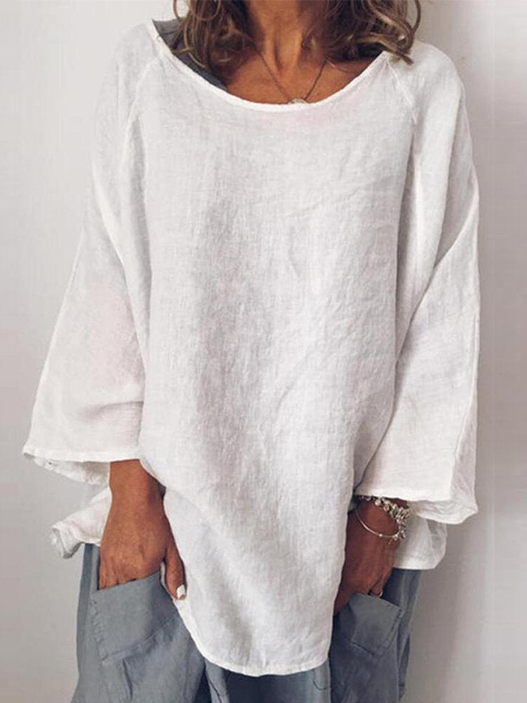 Blusa casual lisa de algodón con cuello redondo y manga larga