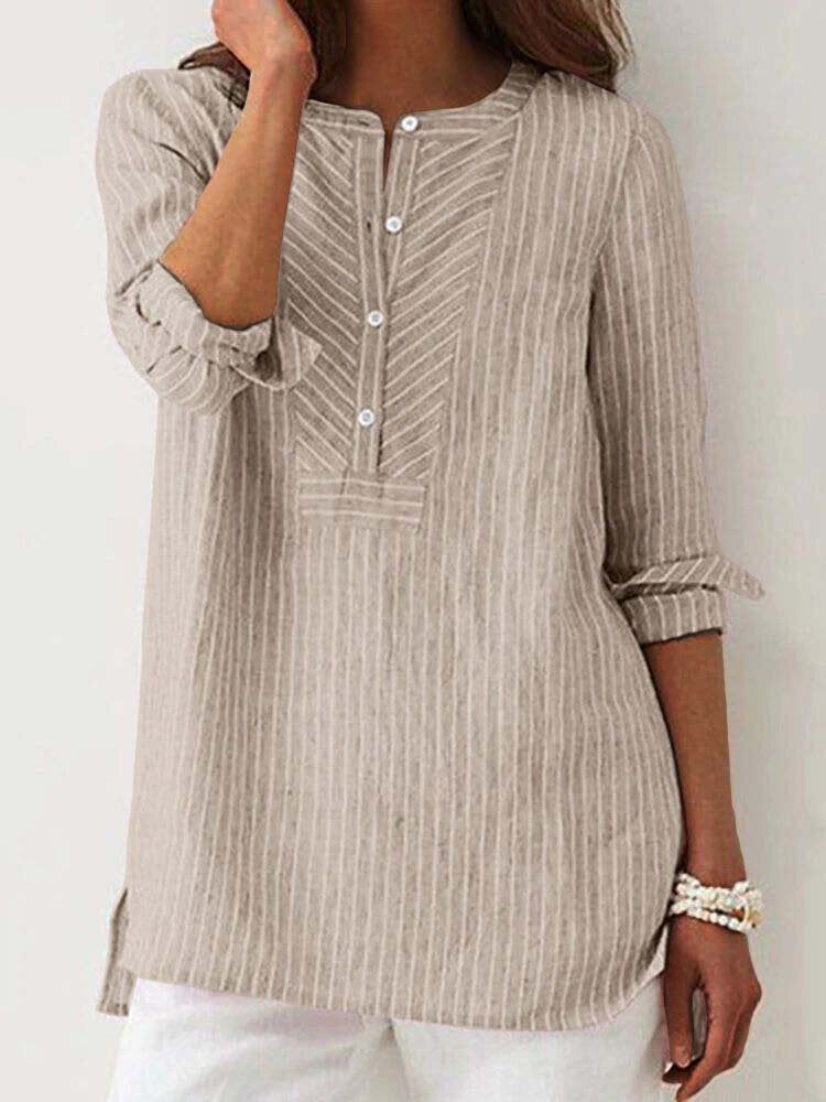 Blusa de rayas de algodón con manga larga y botones