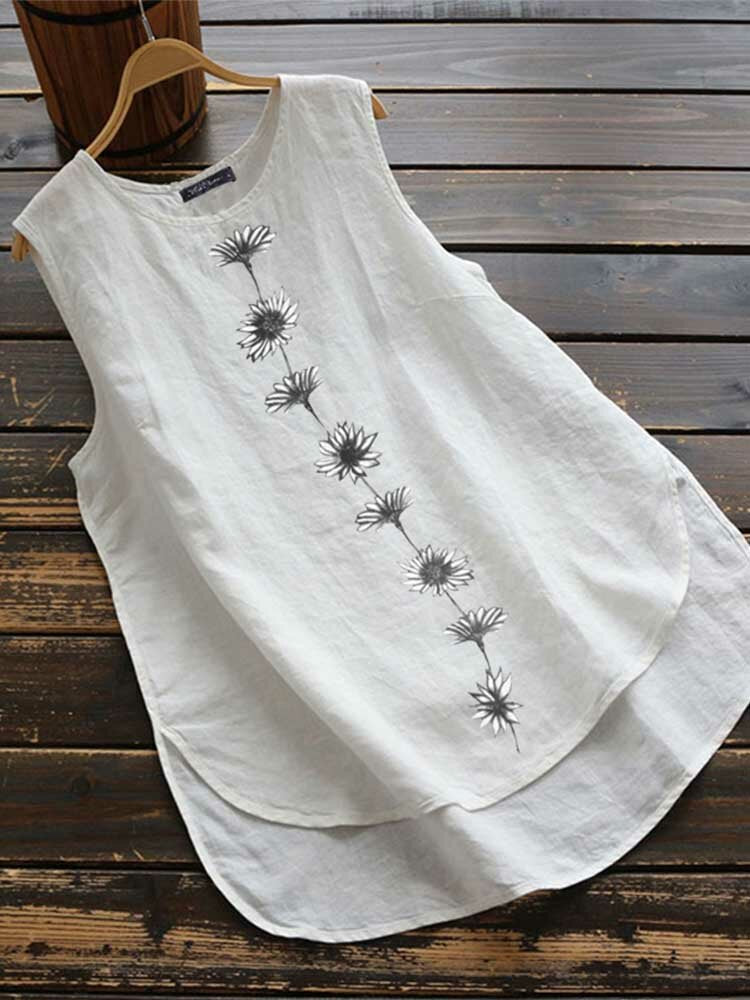 Top de flores con cuello redondo, sin mangas