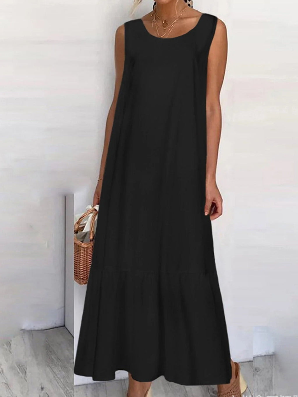 Vestido casual largo liso de lino con cuello redondo — foto 2