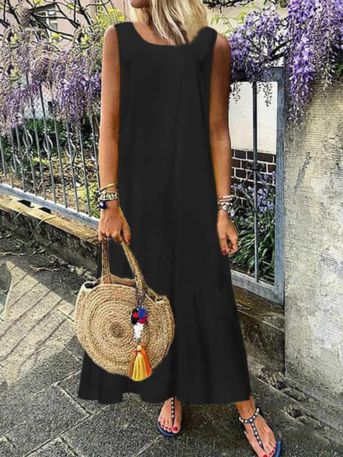 Vestido casual largo liso de lino con cuello redondo