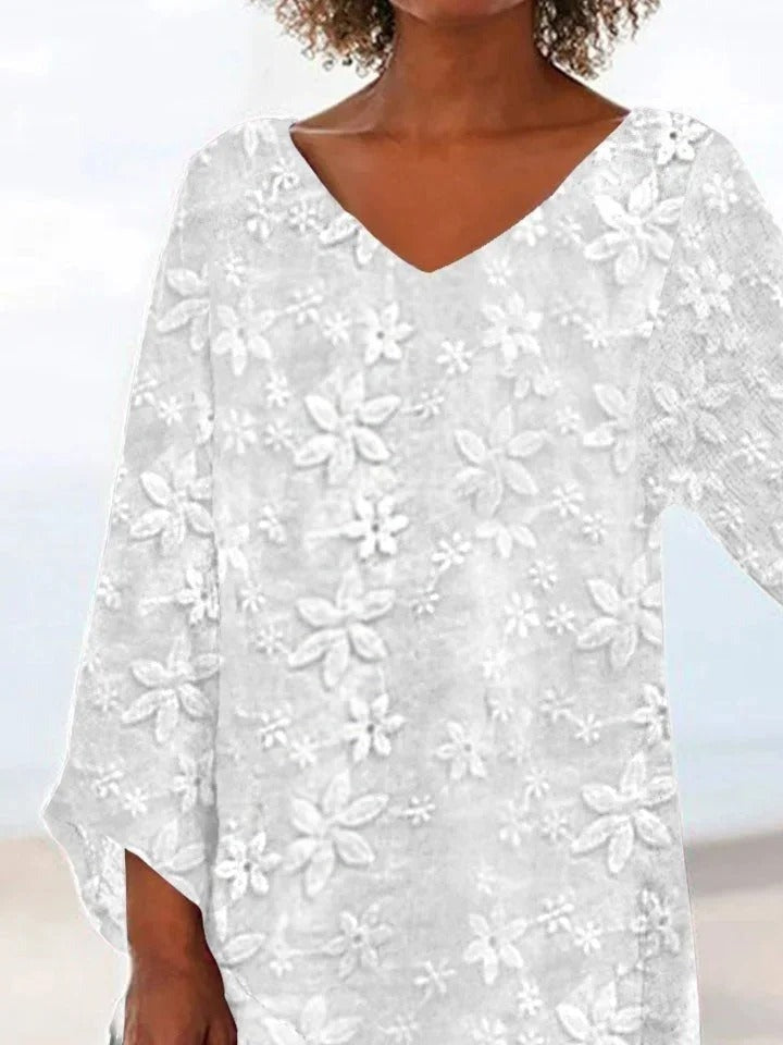 Blusa asimétrica de flores de encaje con escote en pico y manga larga