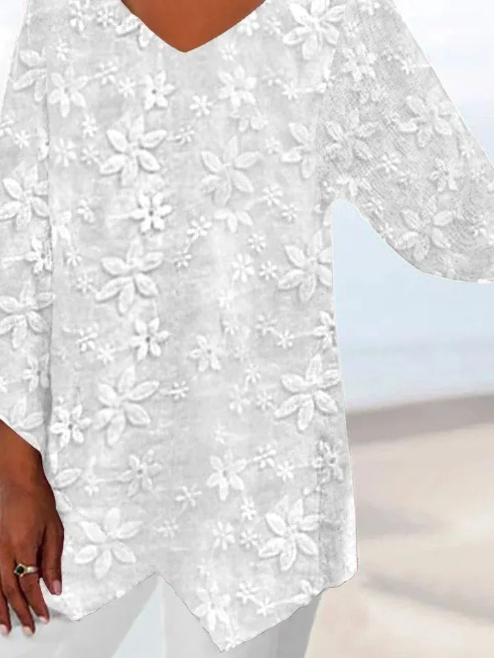 Blusa asimétrica de flores de encaje con escote en pico y manga larga
