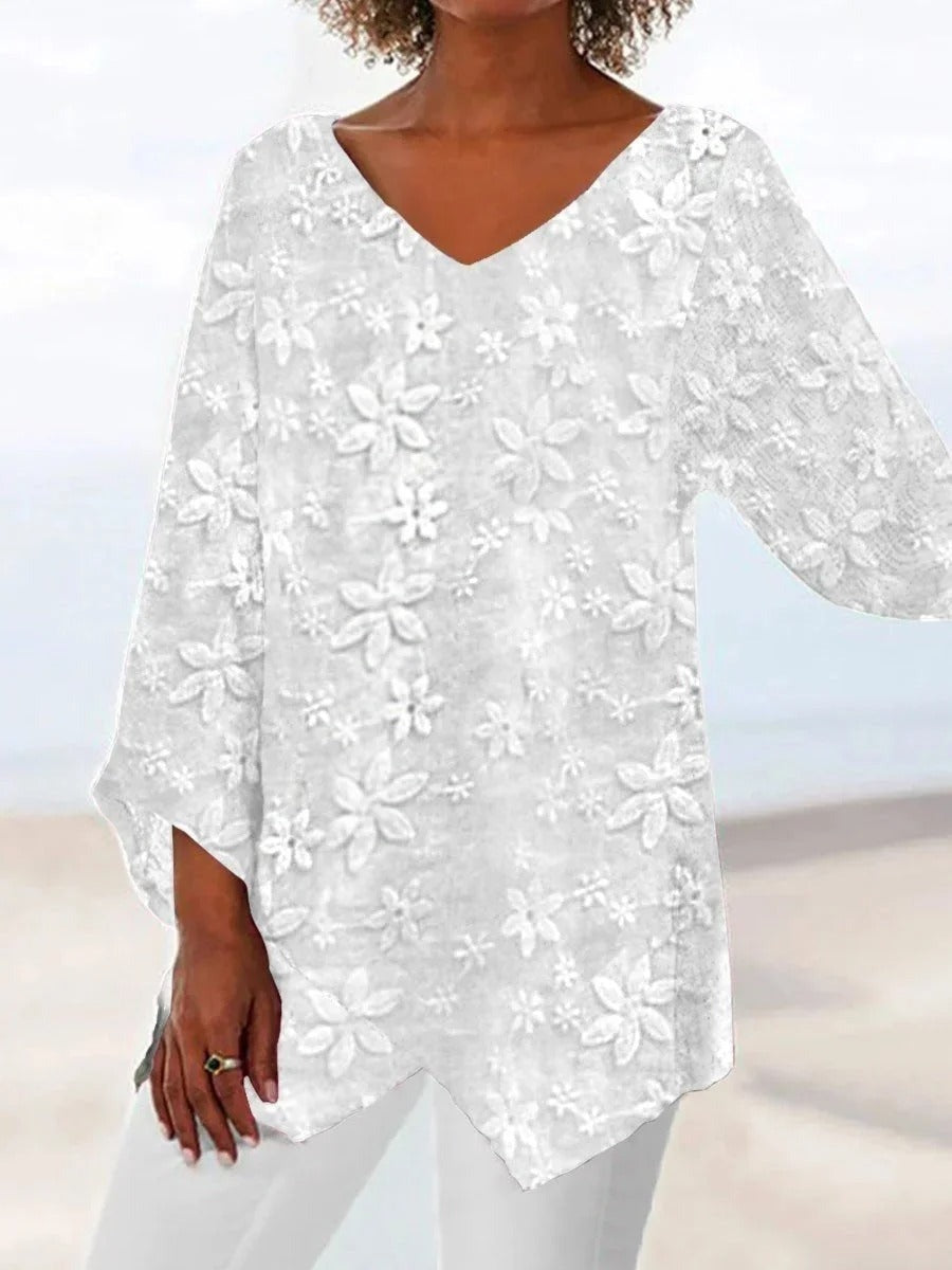 Blusa asimétrica de flores de encaje con escote en pico y manga larga