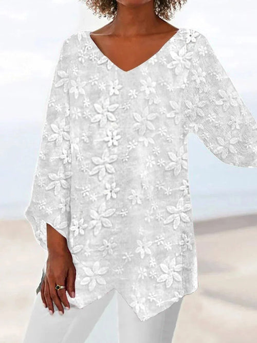 Blusa asimétrica de flores de encaje con escote en pico y manga larga