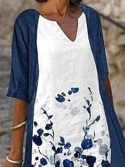 Vestido casual midi de dos piezas bicolor con escote en pico