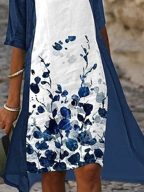 Vestido casual midi de dos piezas bicolor con escote en pico