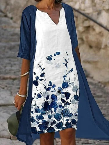 Vestido casual midi de dos piezas bicolor con escote en pico