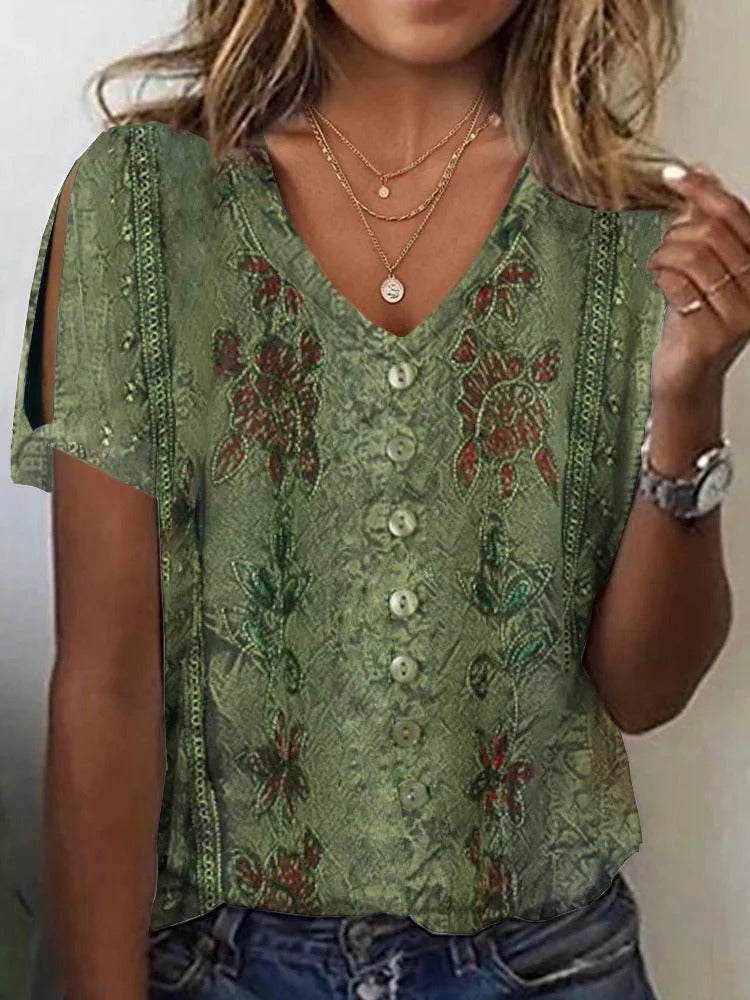 Camisa casual holgada estampada con escote en pico