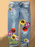 Vaqueros rectos de flores de algodón