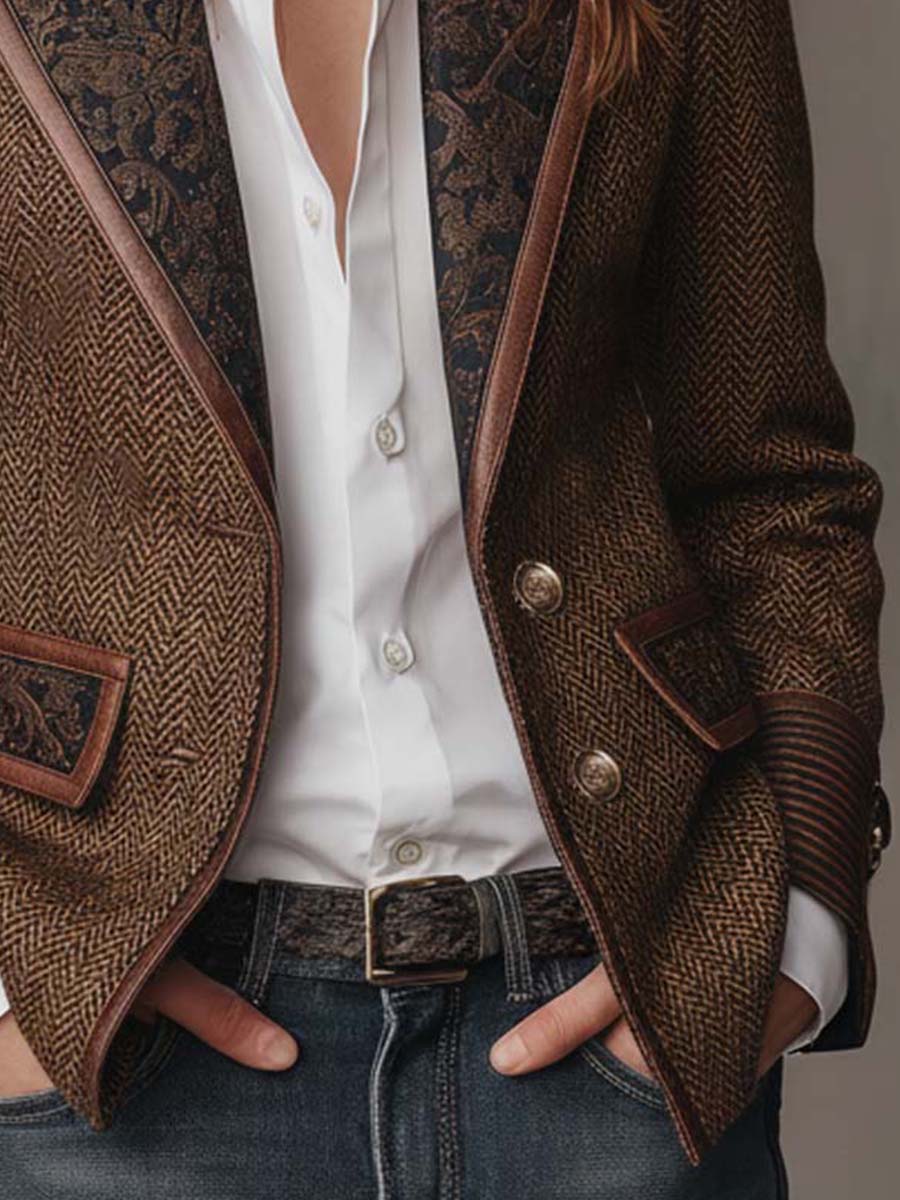 Iria Blazer con Estampado de Espiga y Detalles en Contraste