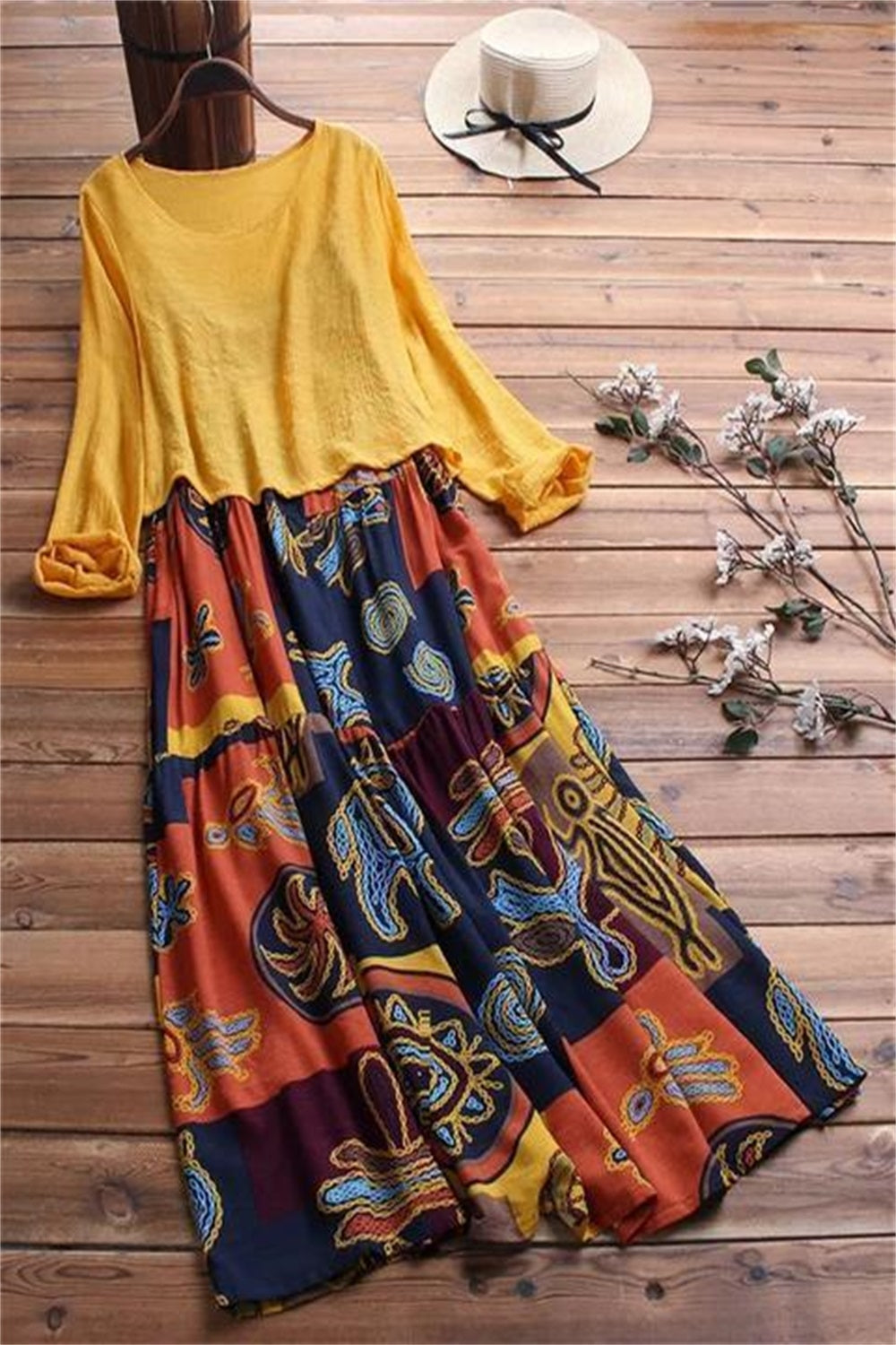 Vestido largo de dos piezas estampado con cuello redondo y manga larga
