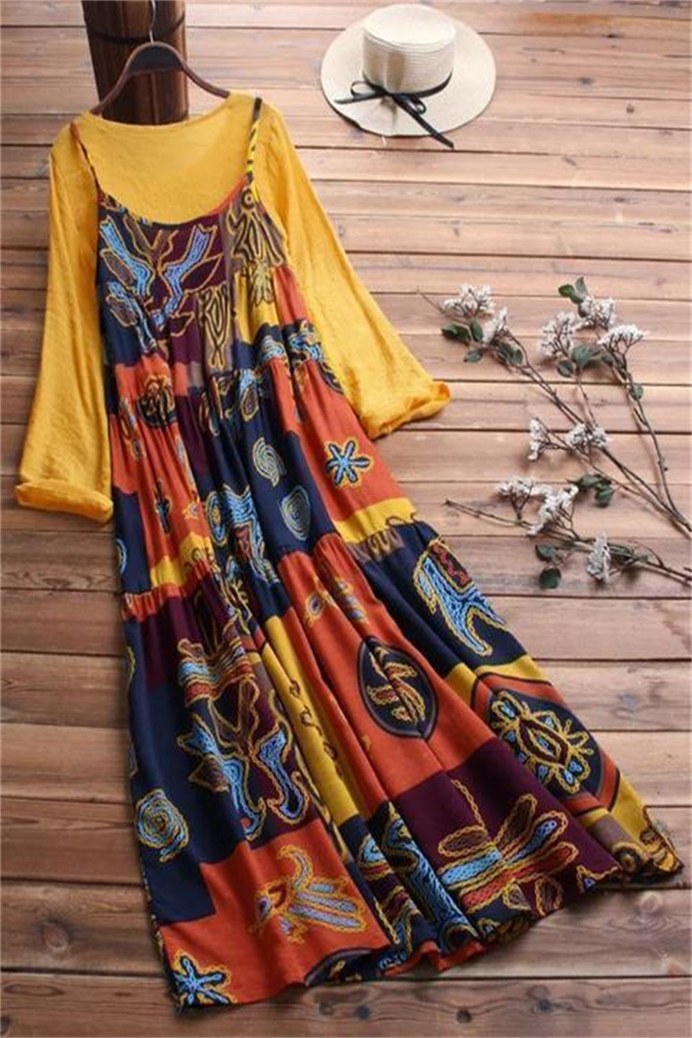 Vestido largo de dos piezas estampado con cuello redondo y manga larga