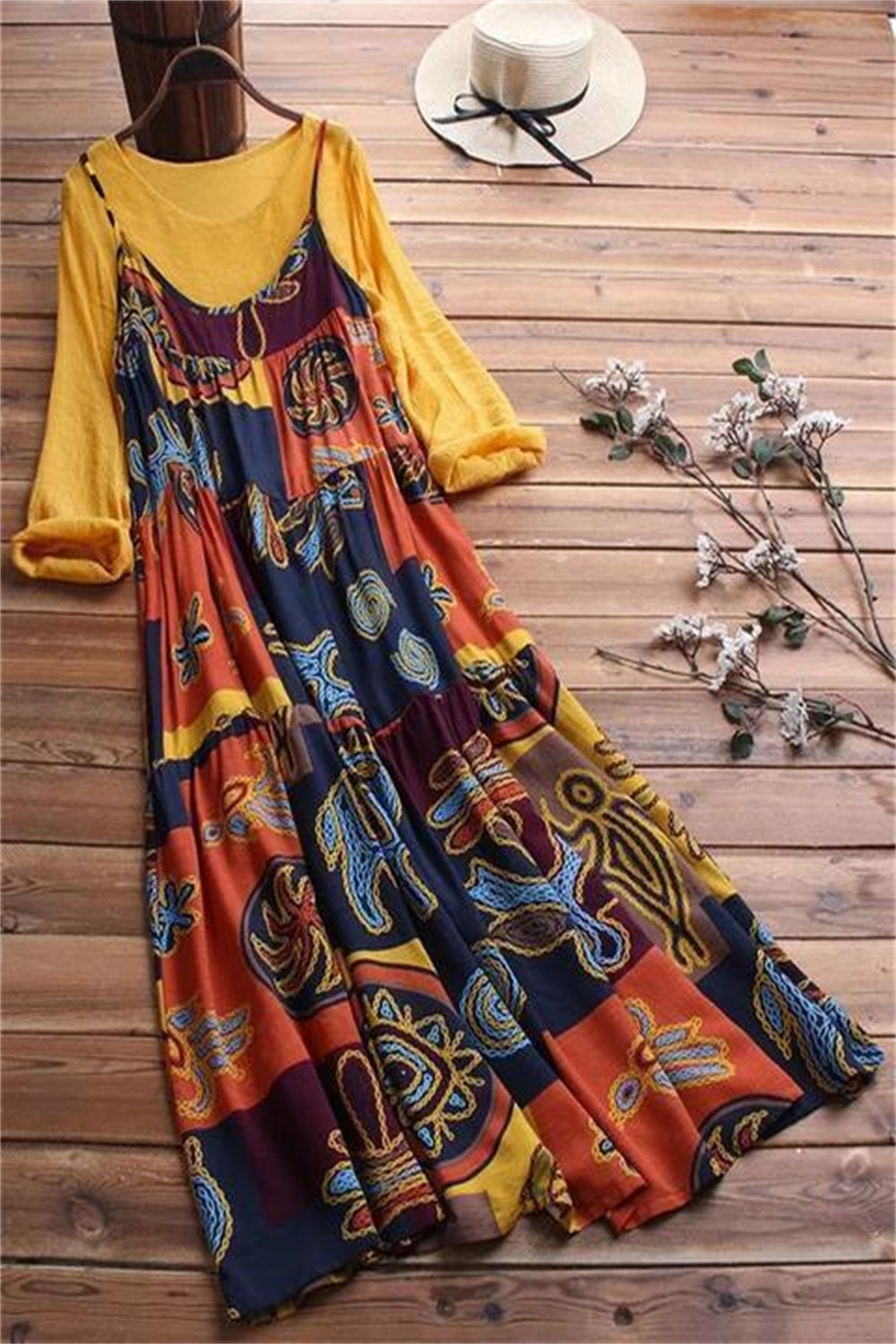 Vestido largo de dos piezas estampado con cuello redondo y manga larga