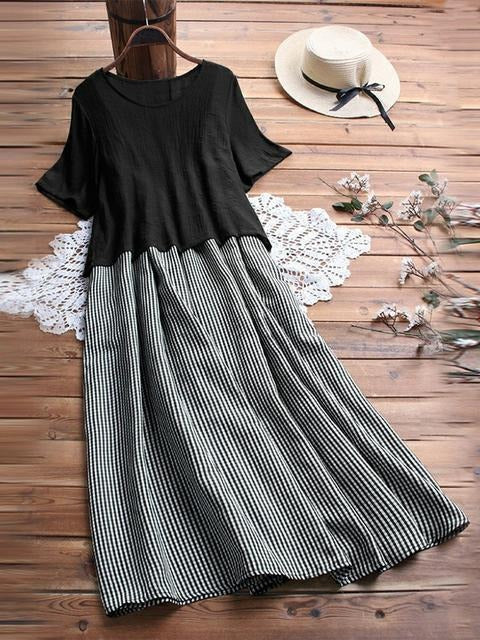 Vestido largo de dos piezas de cuadros con cuello redondo y manga corta