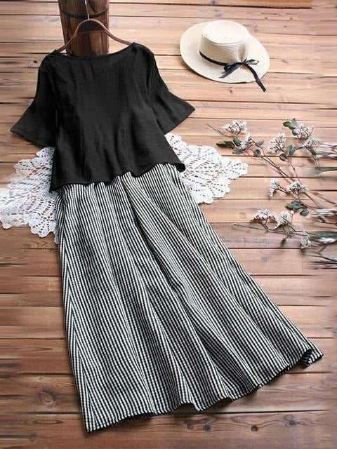 Vestido largo de dos piezas de cuadros con cuello redondo y manga corta