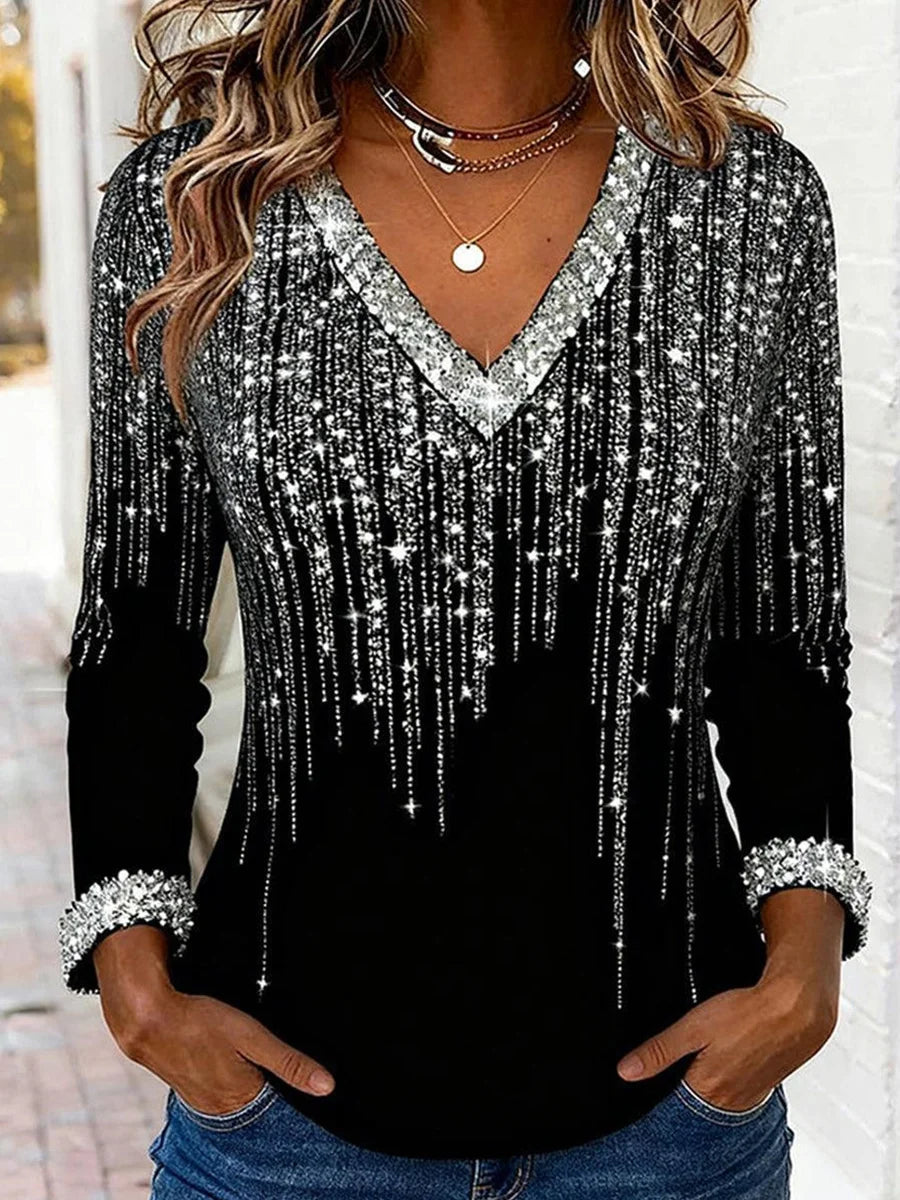 Blusa elegante de lentejuelas negra con escote en pico y manga larga