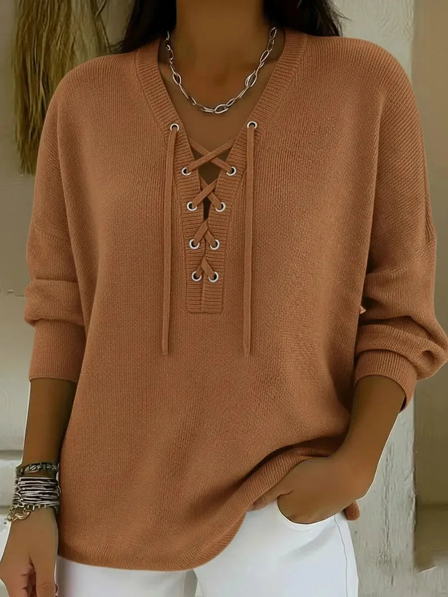 Jersey casual liso con escote en pico, manga larga y nudo delantero — foto 3