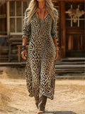 Vestido casual largo de leopardo con escote en pico y manga larga