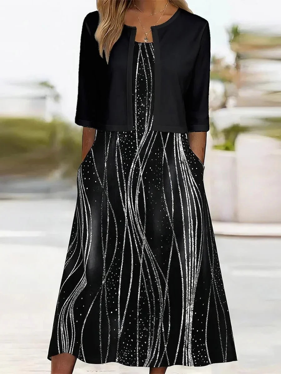 Vestido midi abstracto con chaqueta a juego