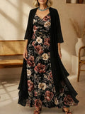 Vestido largo de flores con escote en pico y chaqueta a juego