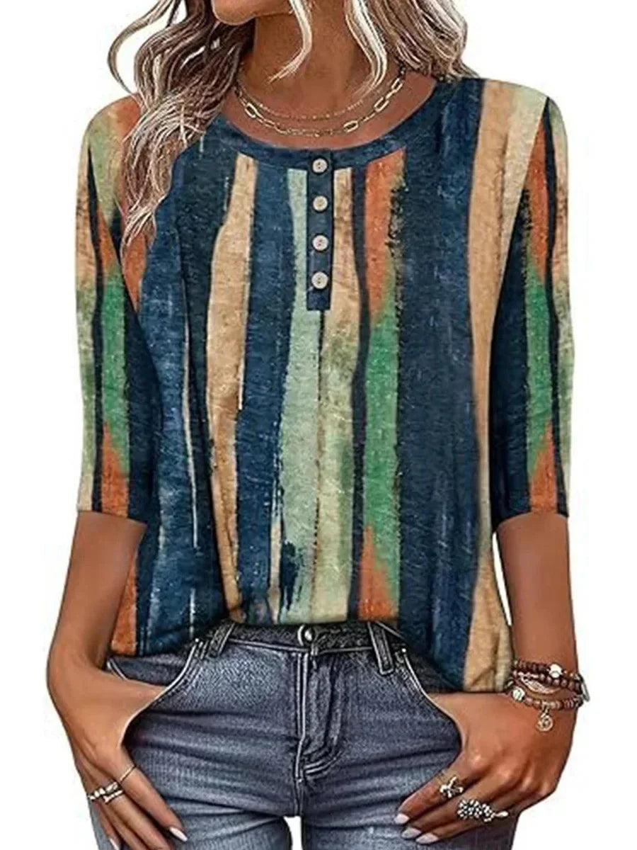 Blusa casual holgada bicolor con cuello redondo, manga larga y botones