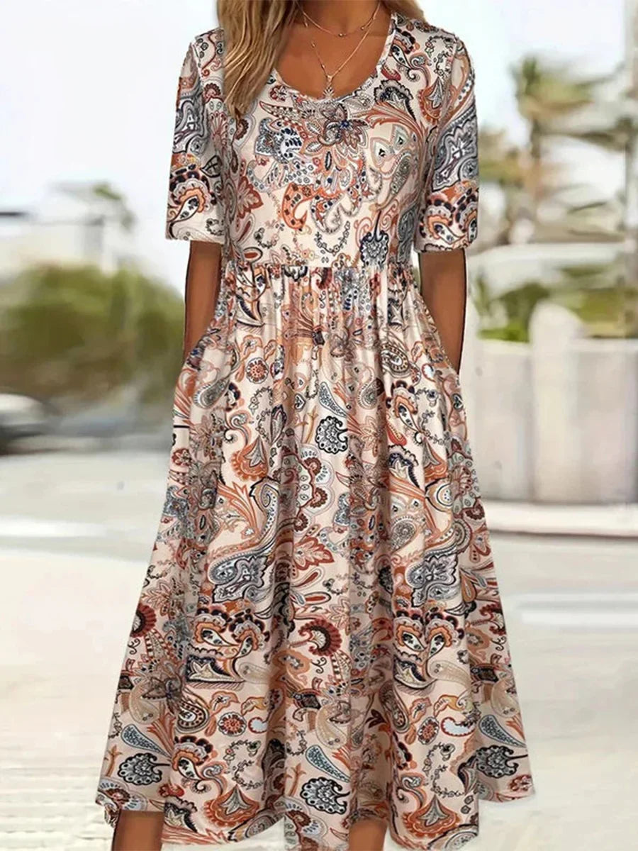 Vestido étnico con cuello redondo y manga francesa