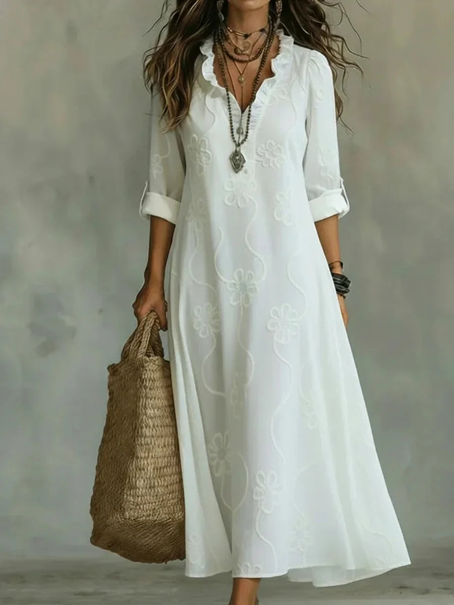 Vestido vintage de línea A de flores con cuello camisero y volantes