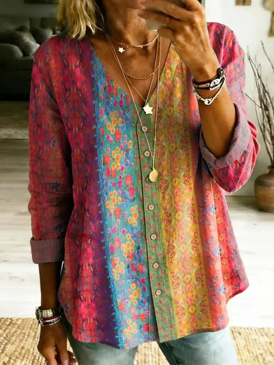 Top boho estampado con escote en pico y manga larga