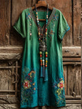 Vestido largo fluido de flores con escote en pico y manga corta