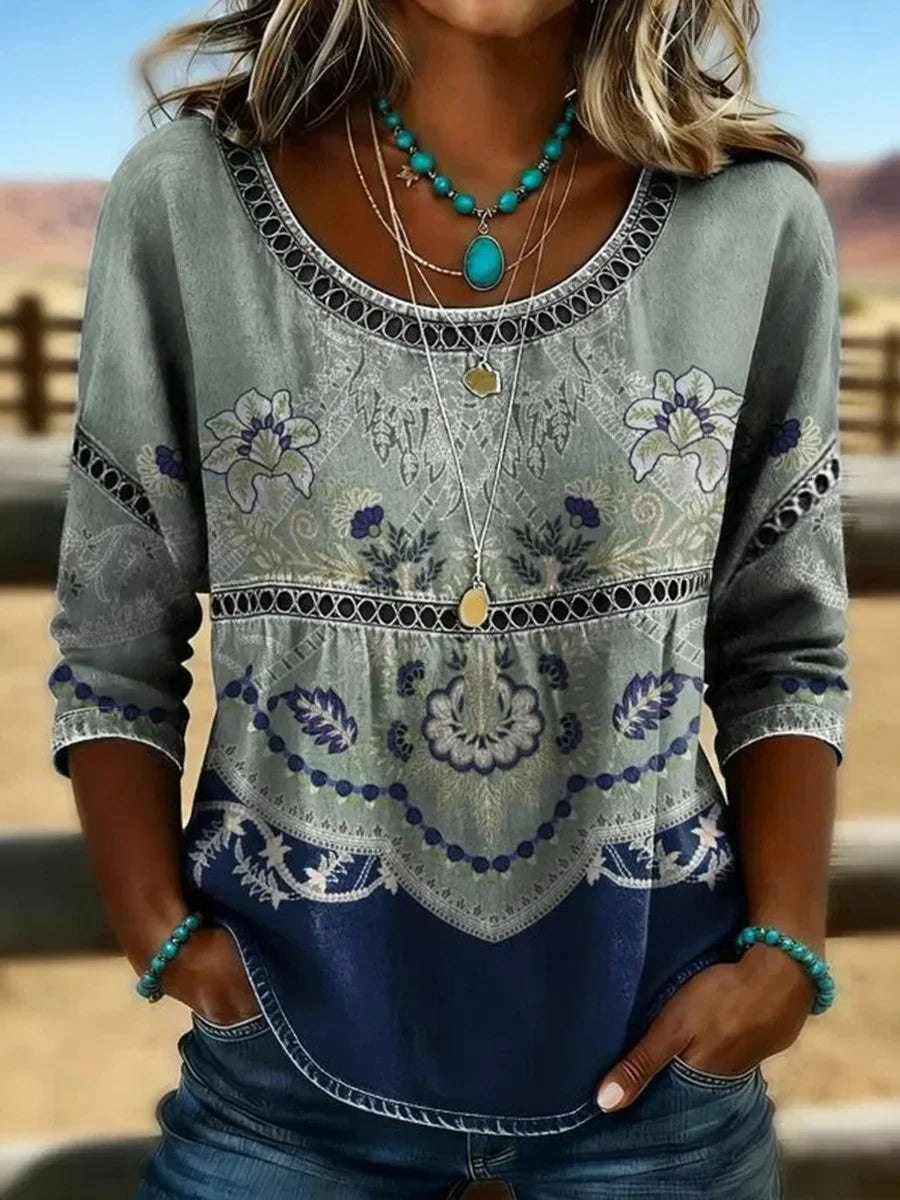Blusa vintage de flores con cuello redondo
