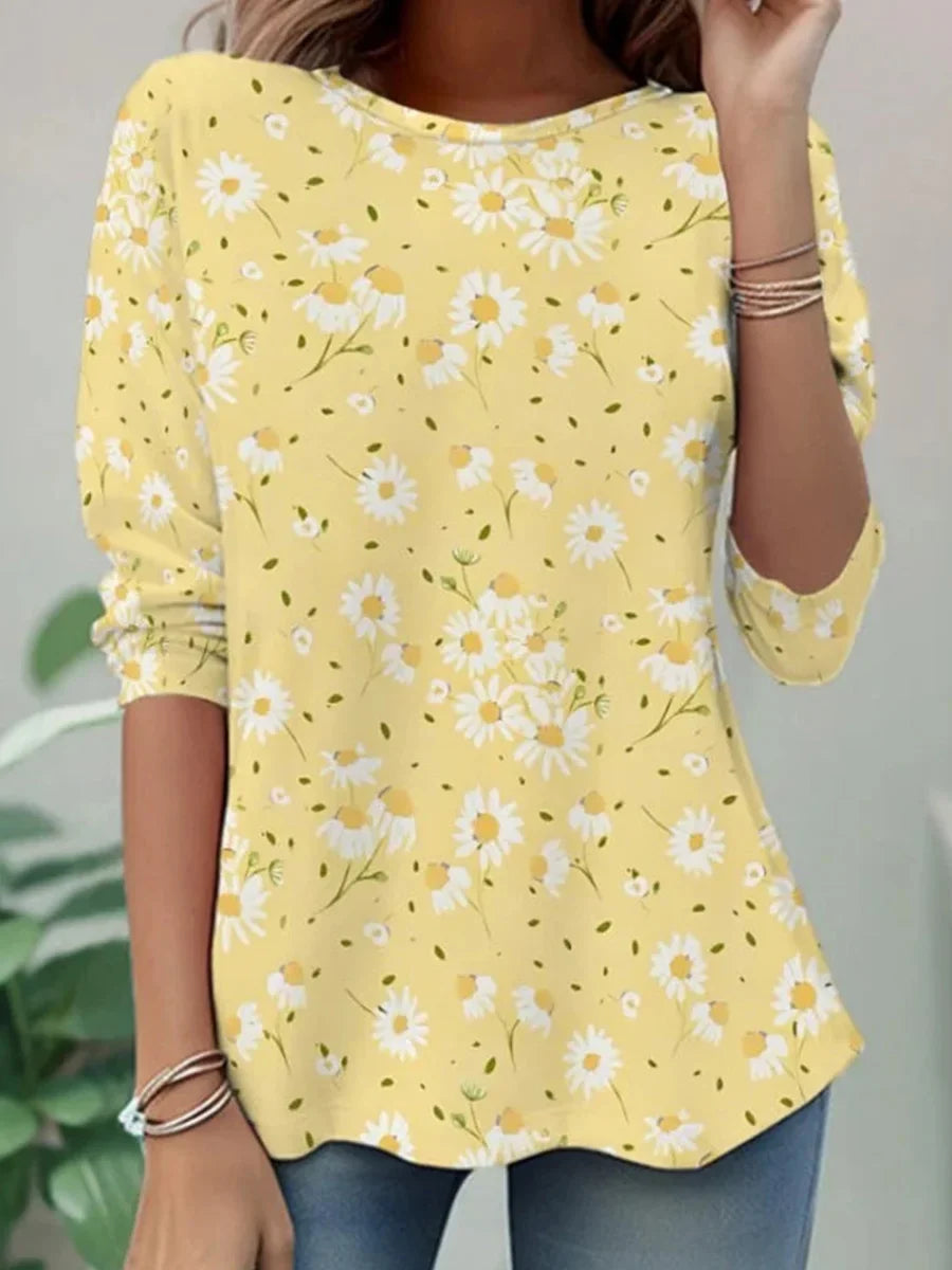 Camisa de flores con cuello redondo y manga larga