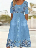 Vestido vintage de flores con cuello redondo y manga corta