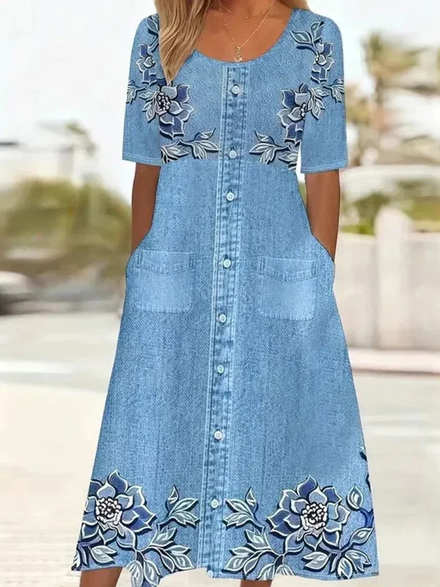 Vestido vintage de flores con cuello redondo y manga corta