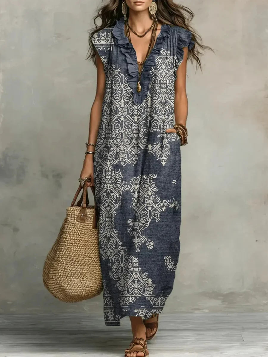 Vestido casual estampado con escote en pico, sin mangas