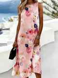 Vestido midi efecto acuarela rosa sin mangas