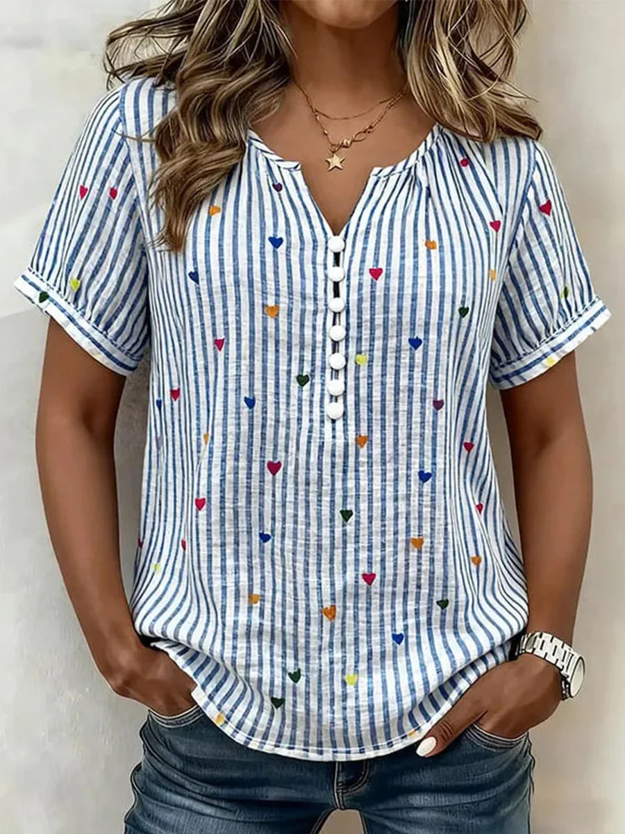 Blusa de rayas con escote en pico y manga corta