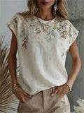 Camisa vintage de hojas con cuello redondo y manga corta